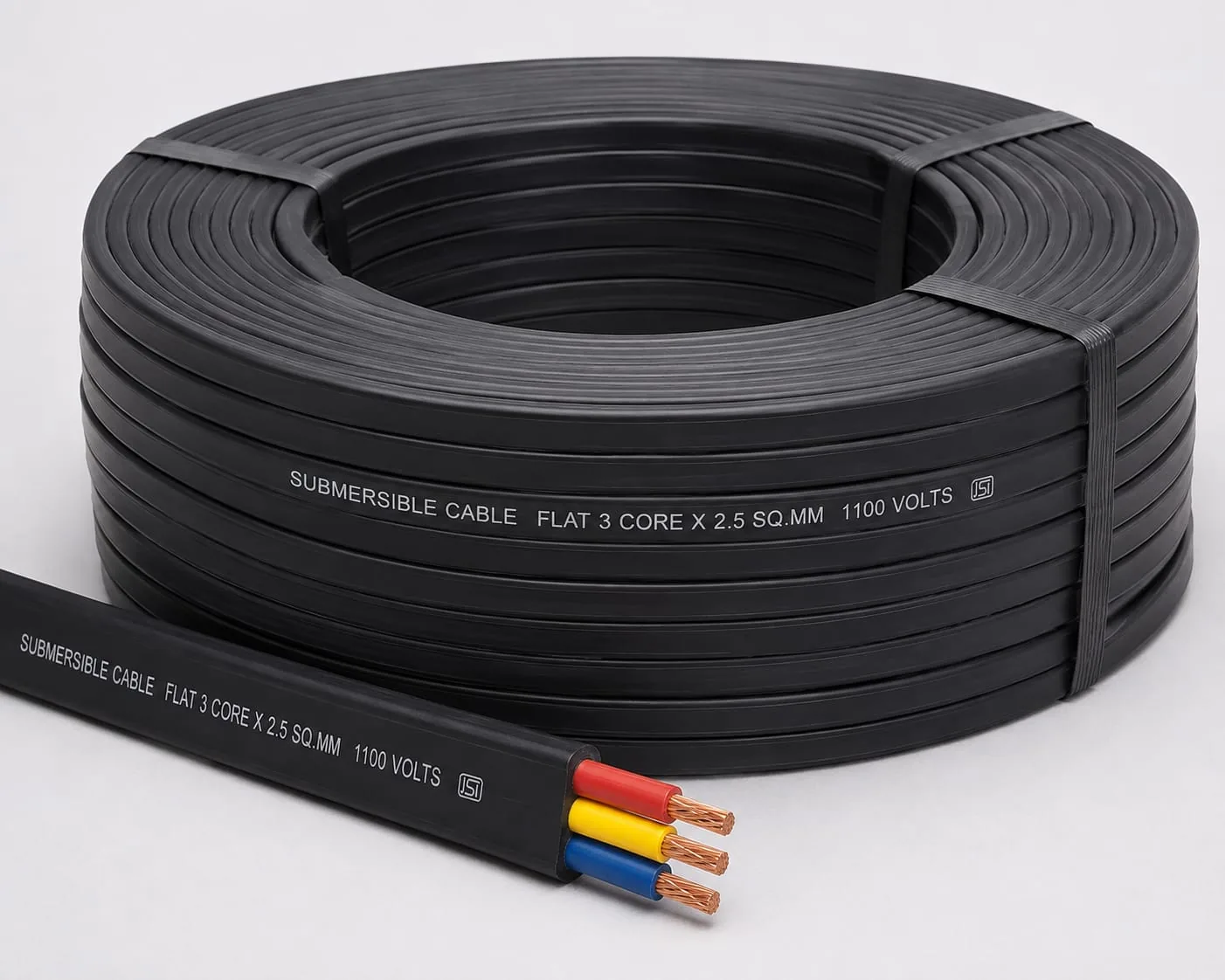 Coil of flat three-core submersible cable beside a cut length showing its copper conductors