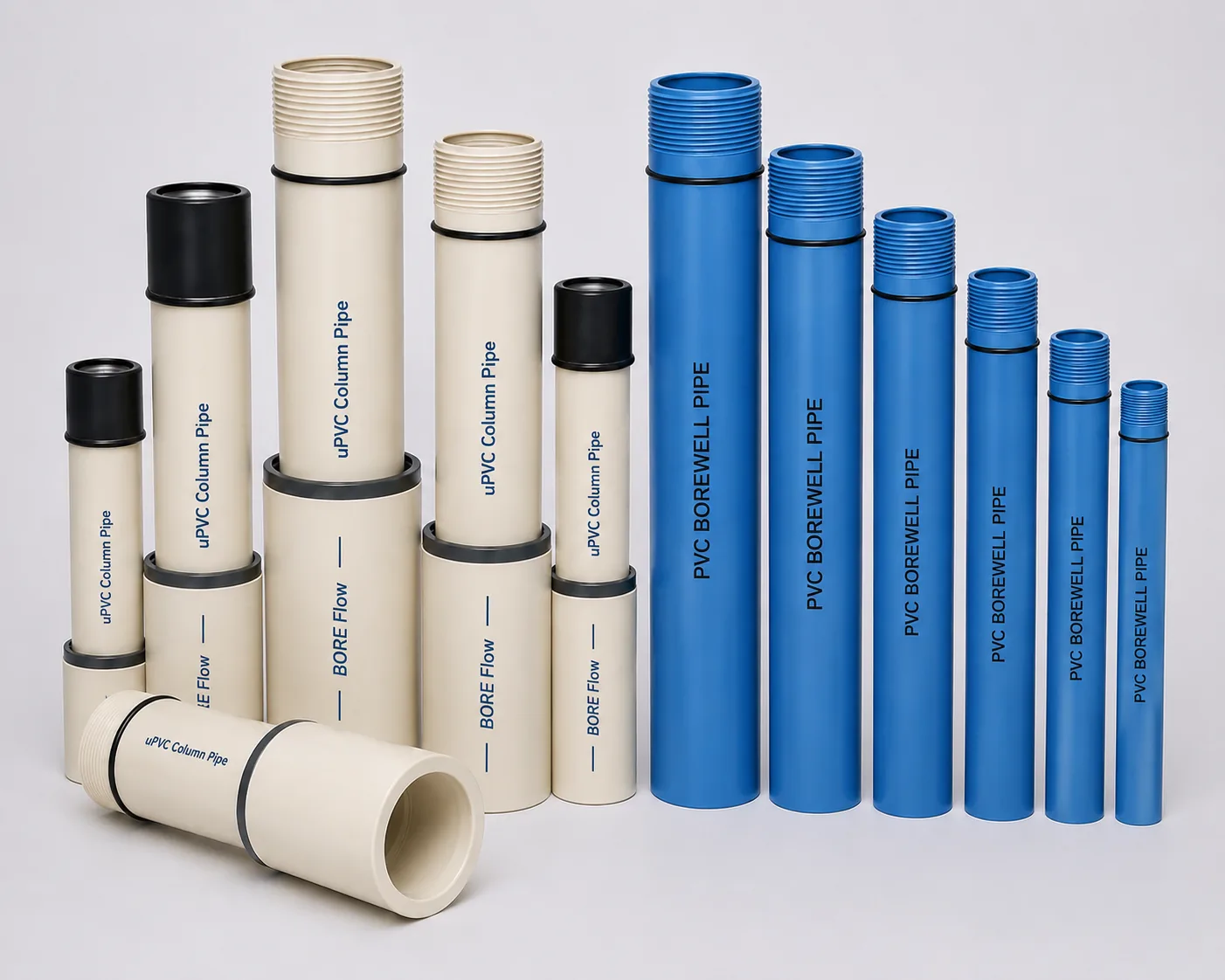 Cream uPVC column pipes and blue PVC borewell casing pipes in a range of diameters