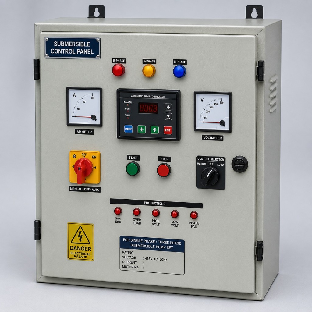 Submersible control panel with ammeter, voltmeter and automatic pump controller