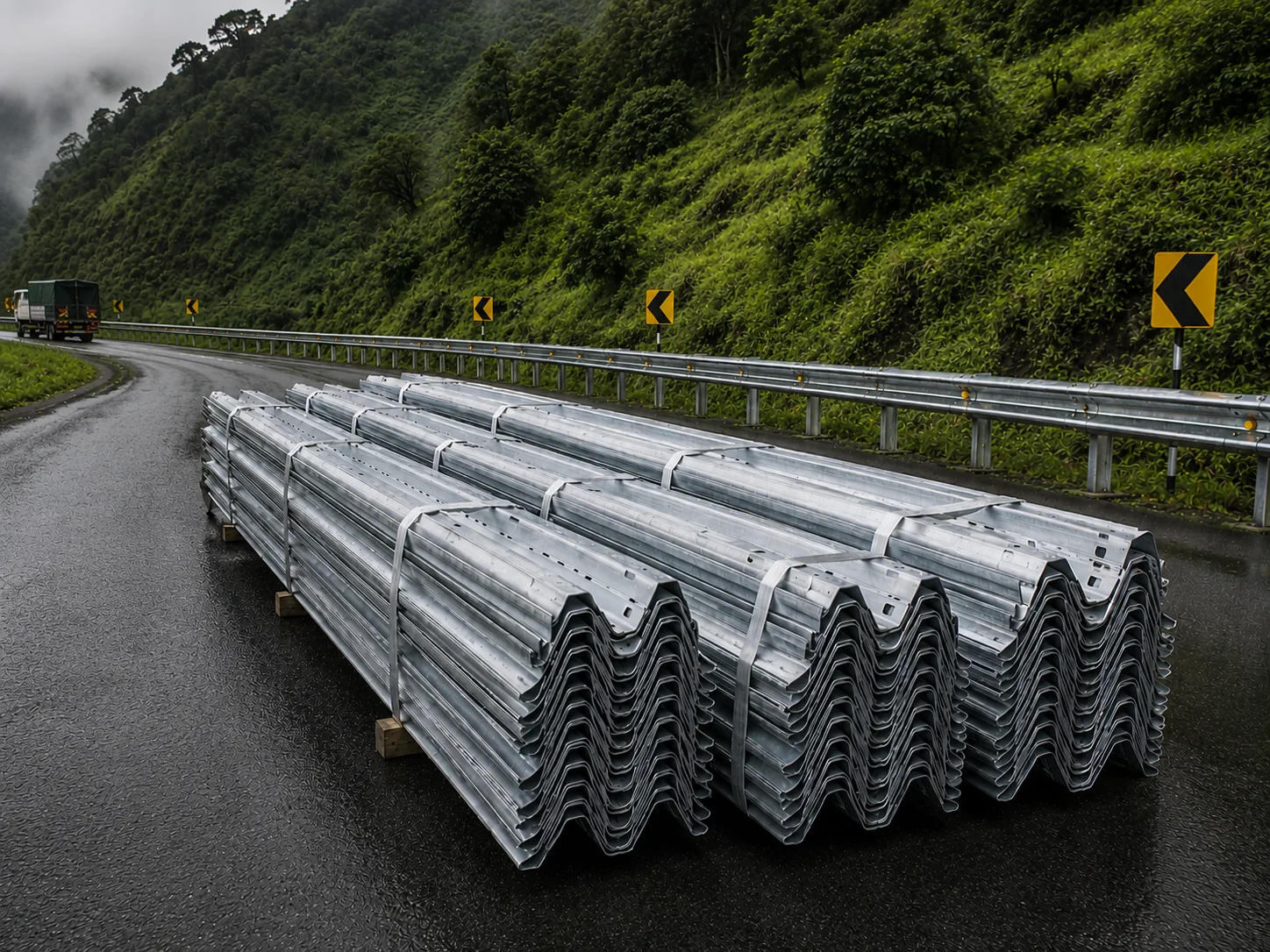 Galvanized W-beam crash barriers installed along a hill road