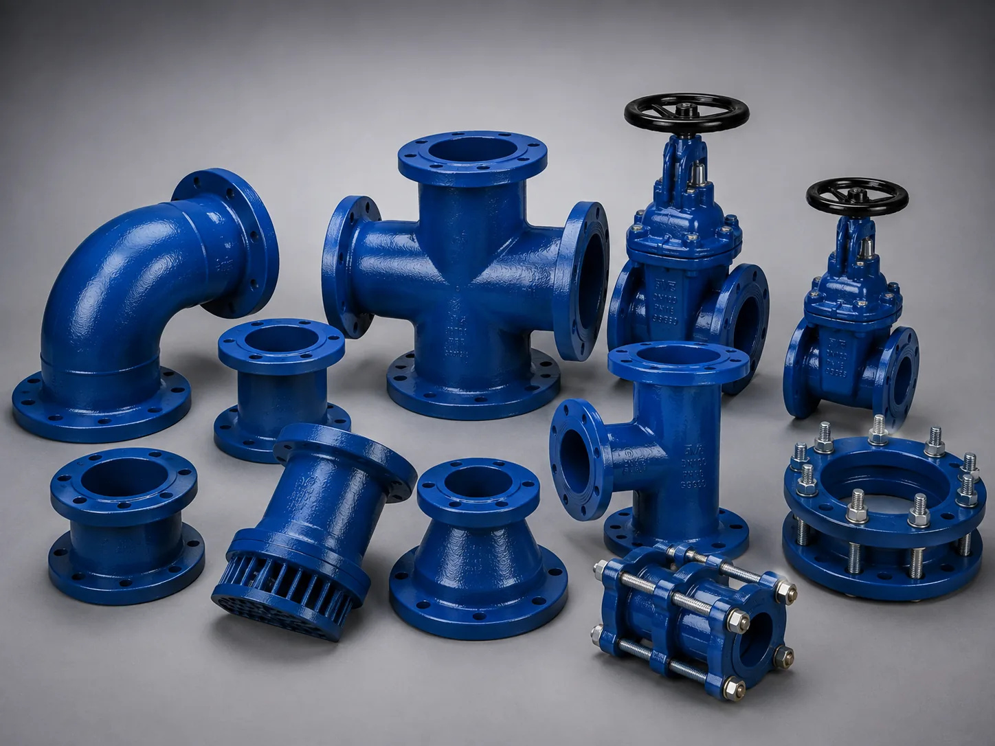 Ductile iron fittings including bends, tees, crosses, tapers and a gate valve
