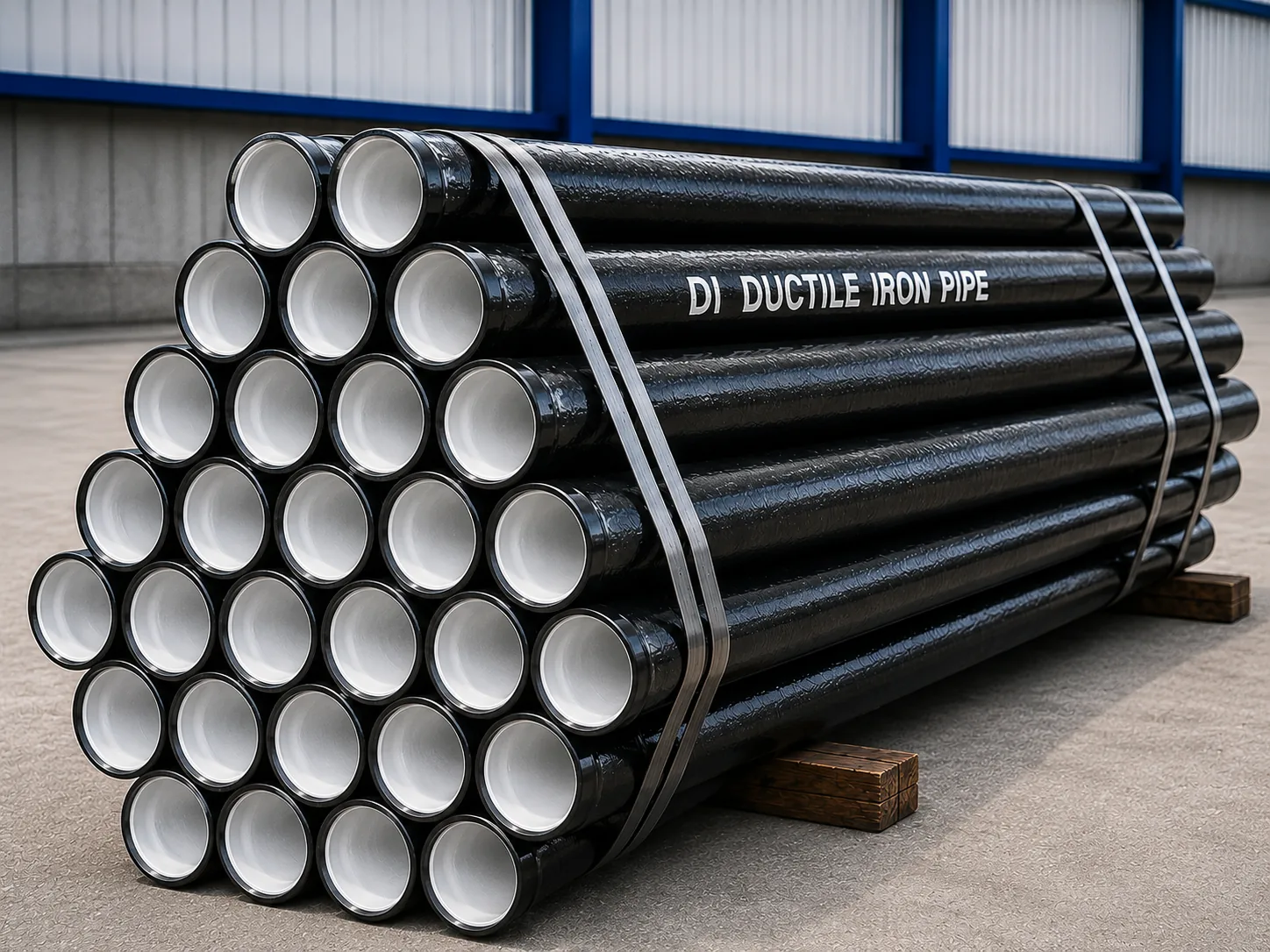 A stack of cement-lined ductile iron pipes