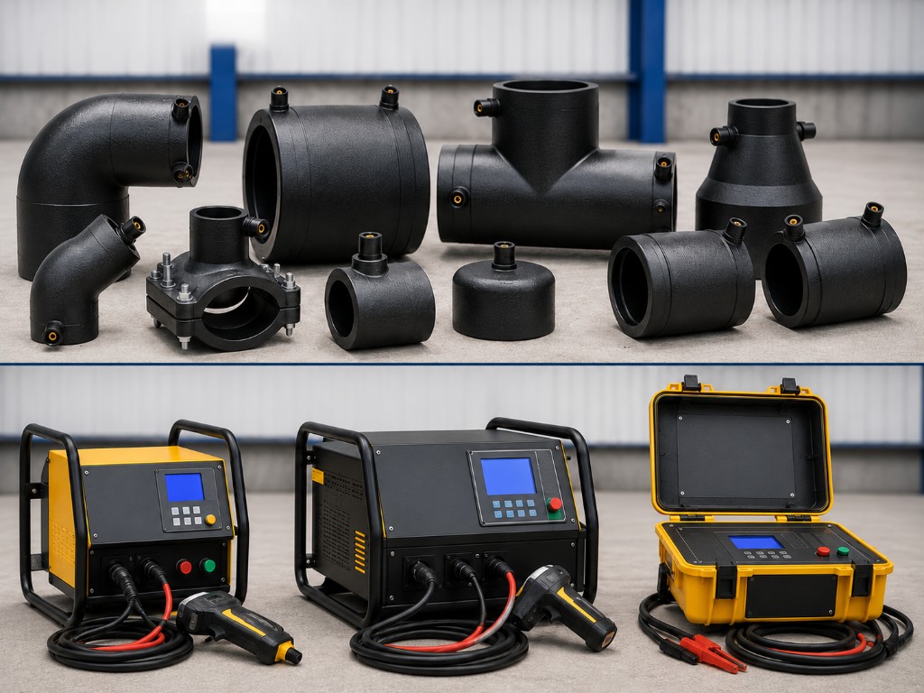 HDPE electrofusion fittings above electrofusion welding machines