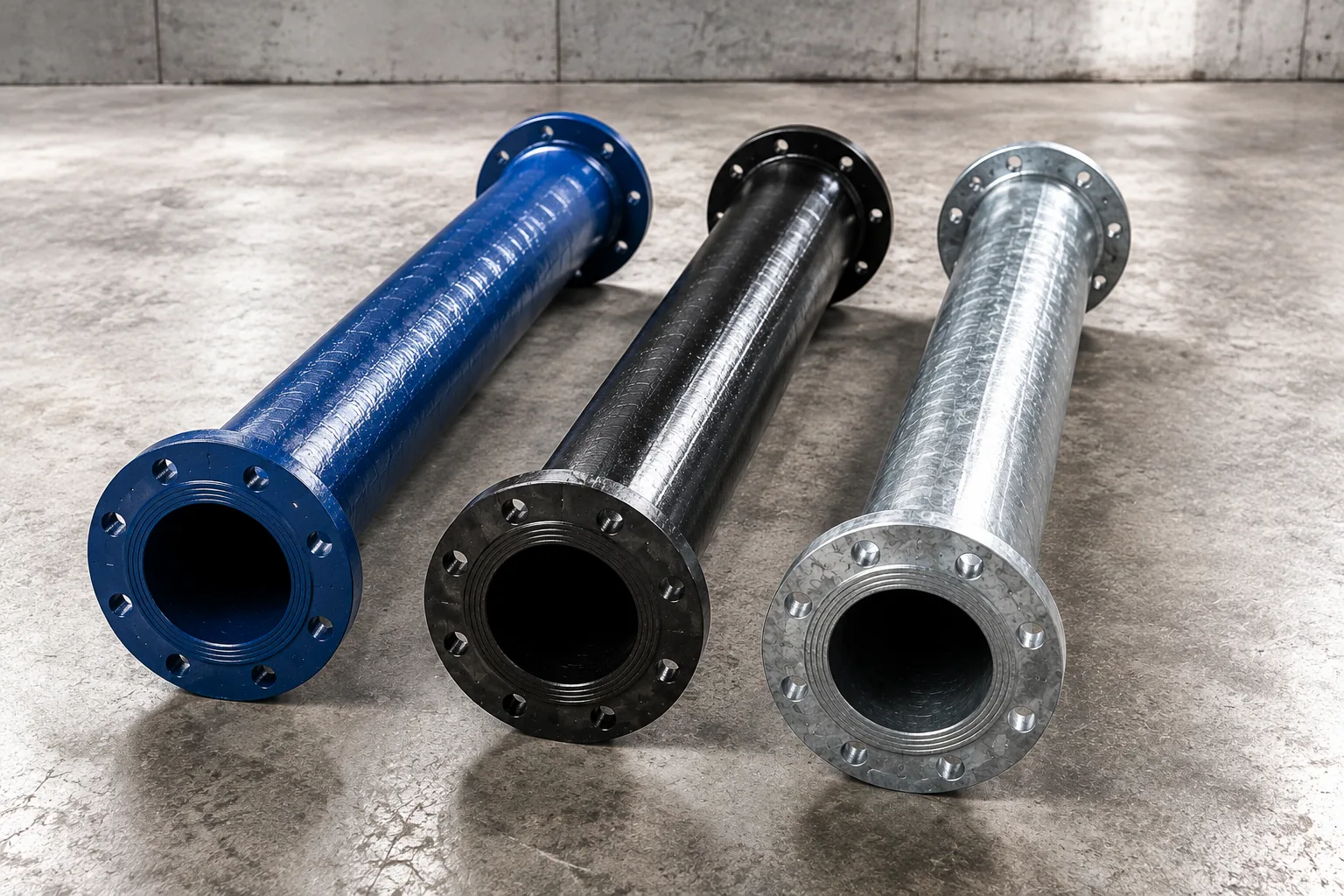 Ductile iron, mild steel and galvanized flange pipes side by side
