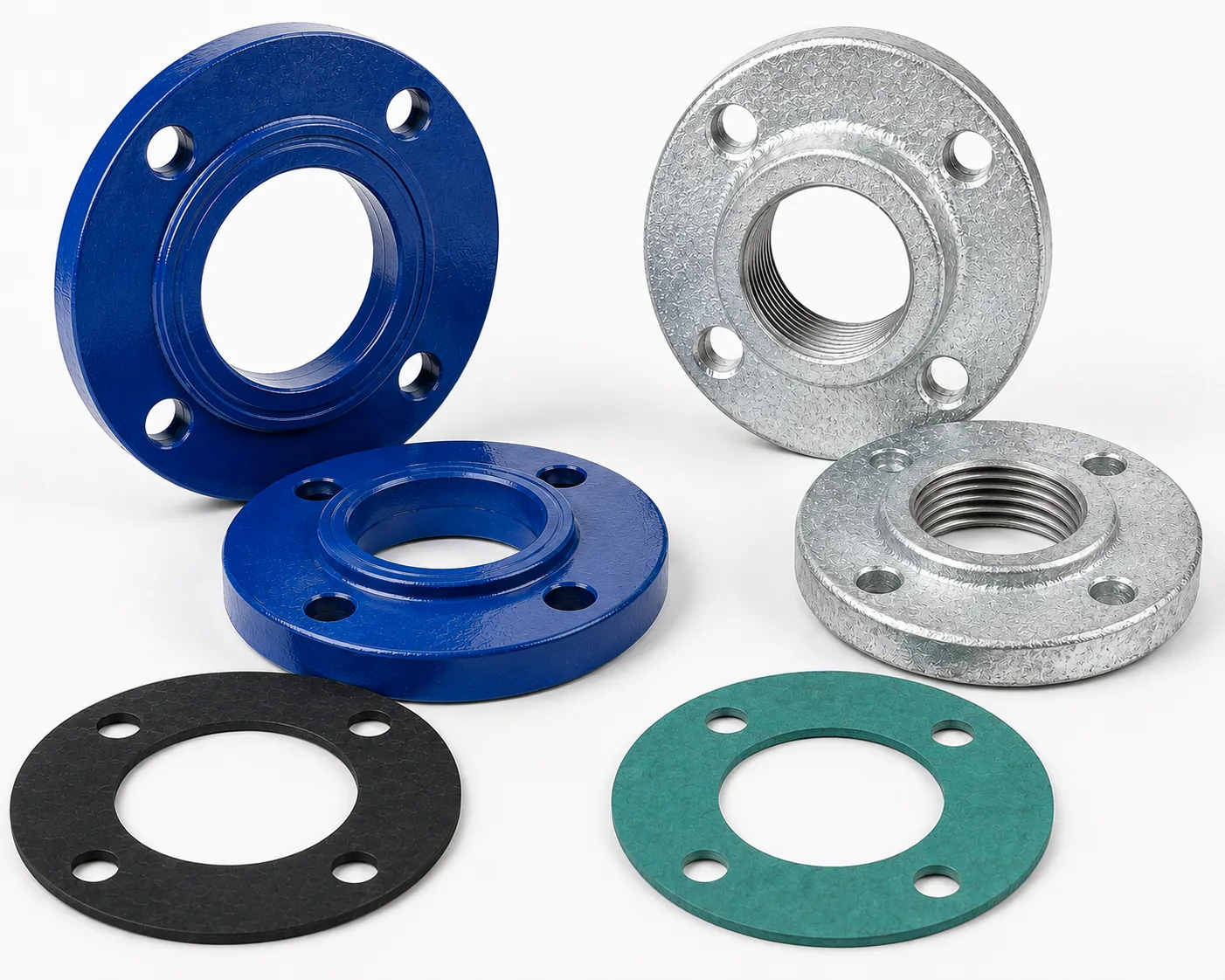 Pipe flanges with rubber and fibre gaskets