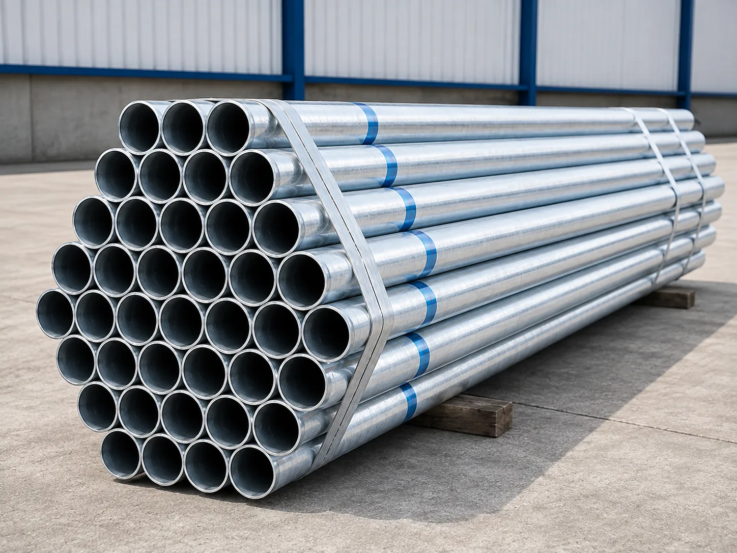 A bundle of galvanized iron pipes banded on timber bearers