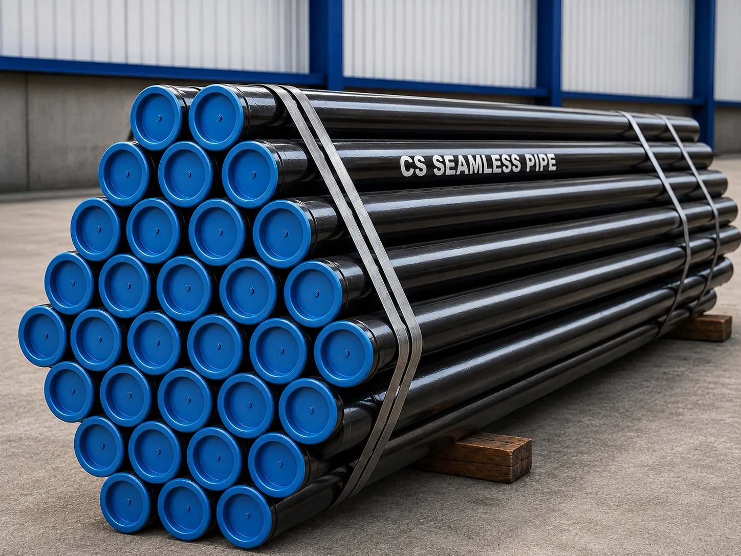 A bundle of carbon steel seamless pipes with protective end caps