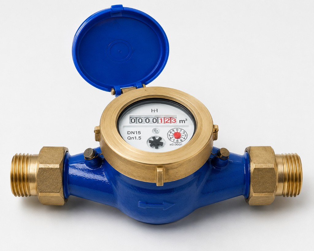 Blue multi-jet water meter with brass fittings and an open lid