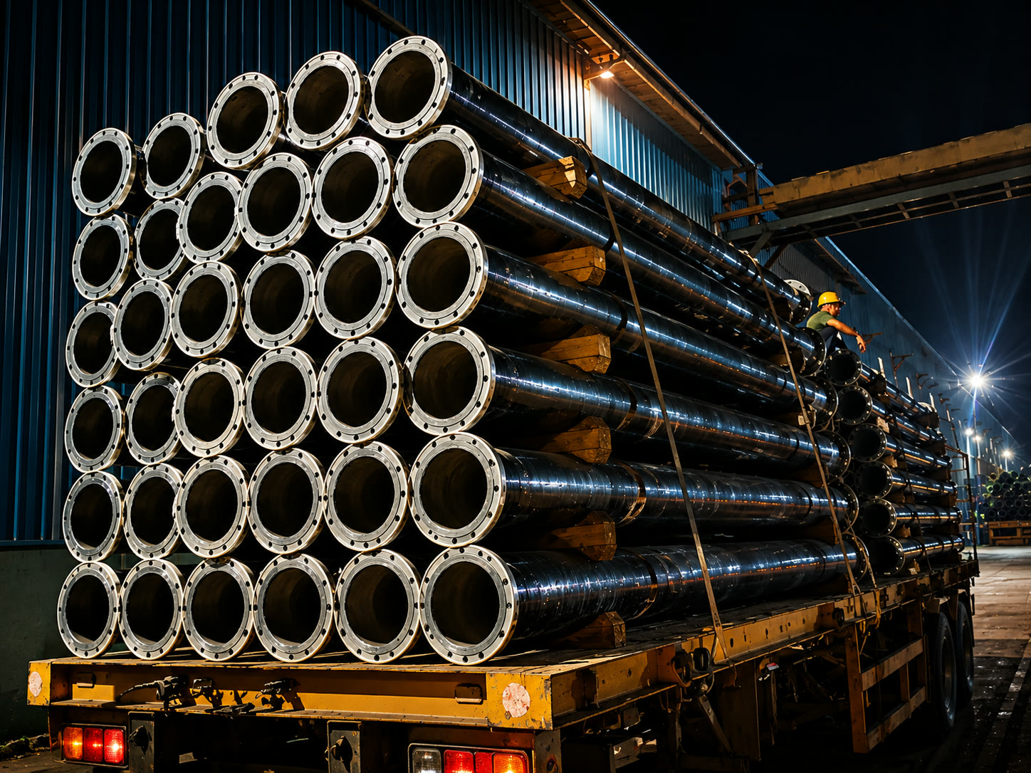 Flanged pipes secured for dispatch