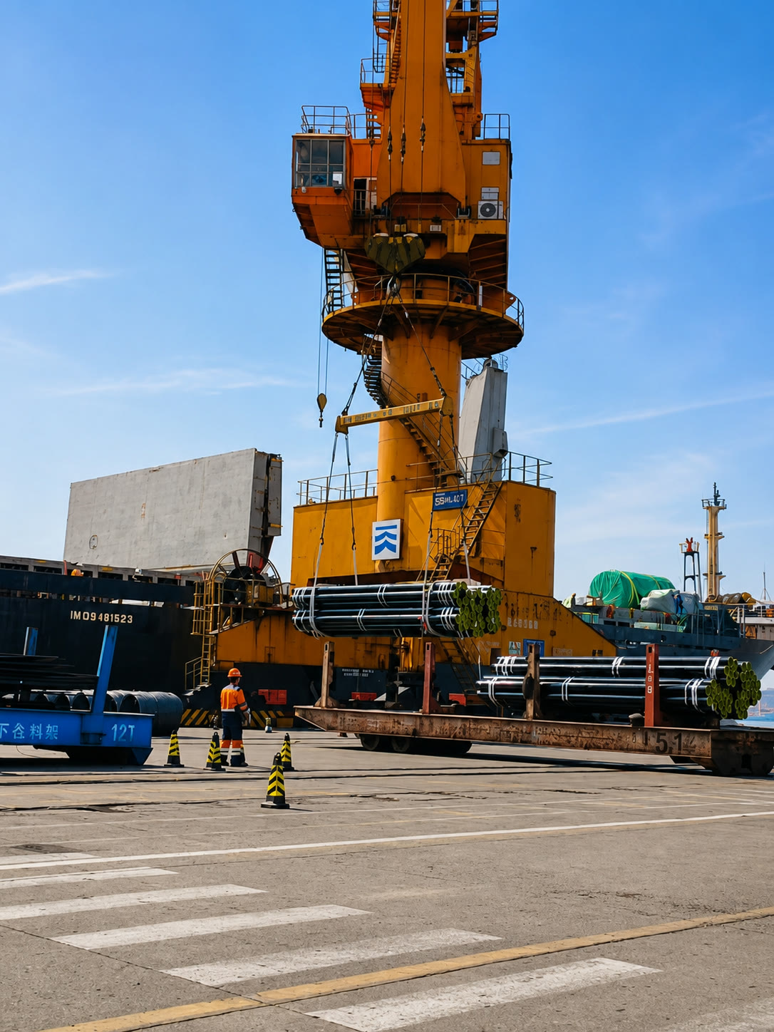 Pipe bundles being handled beside a large port crane