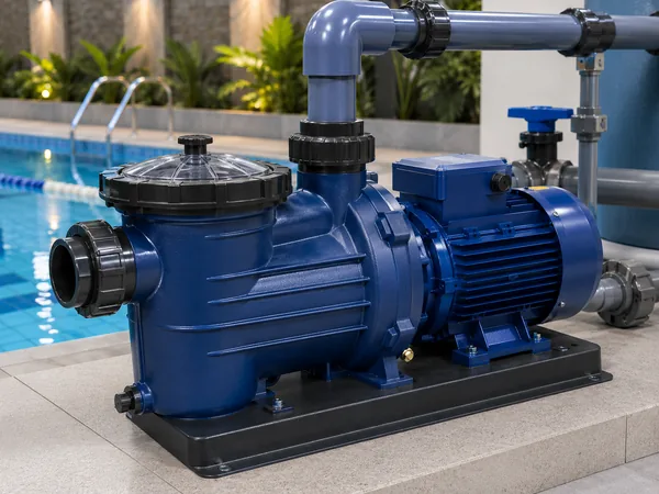 A swimming pool circulation pump beside a pool